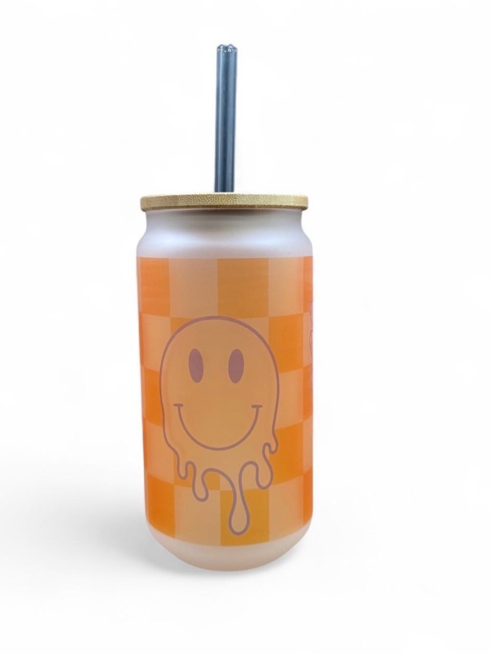 Smiley Glass Can Cup 18oz Frosted Glass Cold Coffee Glass Lid & straw